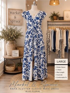 Market & Spruce Rafa Flutter Sleeve Blue Floral Maxi Dress Large NWT